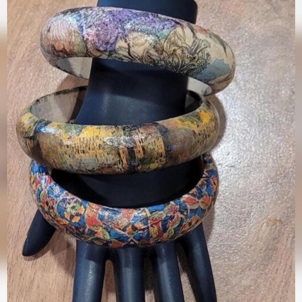 Boho Bangle Bracelet Wood Floral Abstract Ethnic Gift Artisan Moroccan Handmade